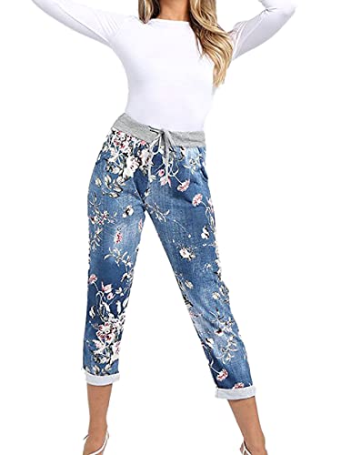 STAR FASHION Women’s Italian Joggers Sweatpants Elastic Waist Active Yoga Floral Printed Jogging Pants Turn Up Ladies Casual Jogger Hoop Trousers 8-22