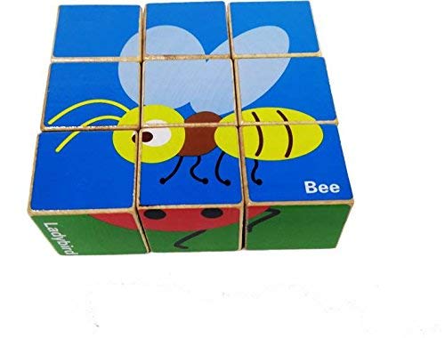 Emob® Early Learning Animal Theme 9 Pcs Wooden Cube Puzzle Block Set Toy for Kids