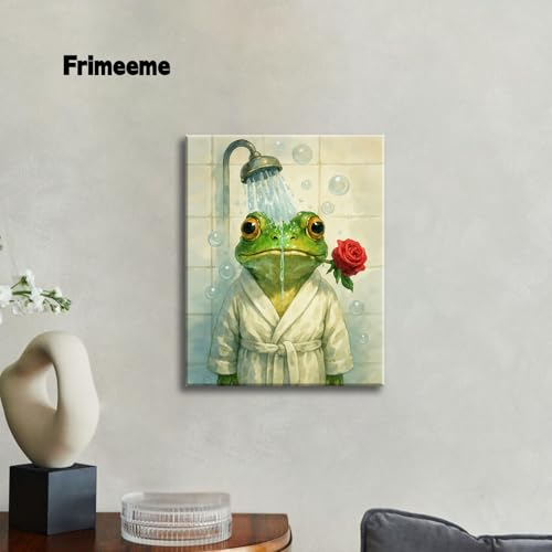 Image of Frimeeme Cute Shower Frog Framed Canvas Wall Art 12x16