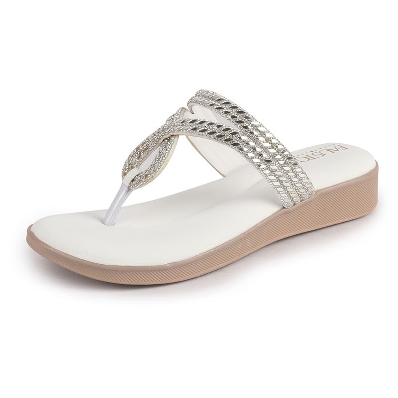 Image of FAUSTO Women T-Strap Slip On Ethnic Sandals with Rhinestone Strap | Wedge Ortho Slip-On Slippers | Perfect for Wedding, Festive Outfits