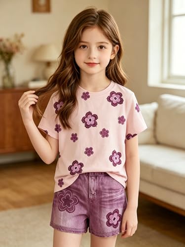 Image of Ayzozuy Kid Girl Clothes Shorts Set 2 Piece Outfits Summer Casual Short Sleeve Top and Shorts Set for Girls 4-7