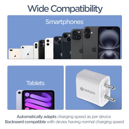 Image of UNIGEN 20W USB-C PD 3.0 Fast Charging Adapter | BIS Certified Wall Charger Compatible with iPhone 17 /17 Air /17 Pro /17 Pro Max, 16 /16 Plus /16 Pro /16 Pro Max, 15 /14 /13 /12 /11 Series