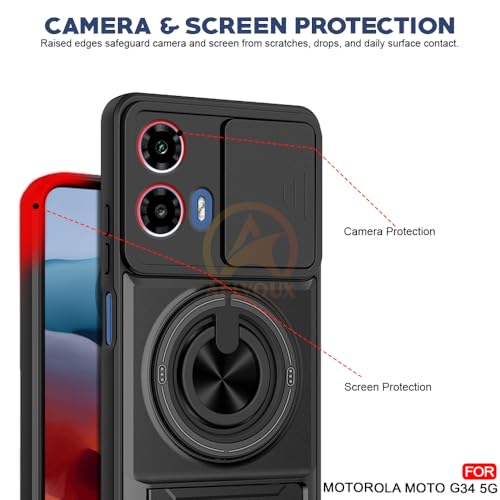 Image of Moto G34 5G / G45 5G Back Cover | Armor Camera Slider 360 Degree Rotating Finger Ring Holder Case with Bracket Stand Back Case Cover (Compatible with MagSafe Accessories) (Black)