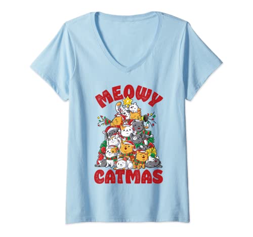 Donna Meowy Catmas Cat Christmas Tree Xmas Girls Boys Funny Santa Maglietta con Collo a V