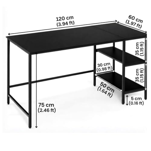 Image of 120 cm Computer Desk for Home Office | Study Writing Table with Multi-Storage Shelves | Study Table for Home | Gaming Setup | Wooden PC Table | Space-Saving Setup | Black | 120x60x75 cm
