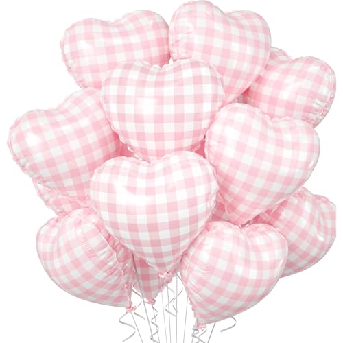 Image of Pink White Checkered Heart Balloons, 10 Pcs Light Pink Grid Heart Shape Balloon, 18 Inch Lattice Foil Valentines Balloons for Kids Girls Birthday Wedding Valentines Bridal Baby Shower Party Decoration