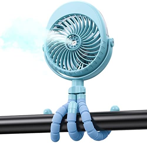 Portable Stroller Fan with Mist, Rechargeable Misting Fan with Water Spray, 270° Pivot Personal Mister Fan with Flexible Tripods for Cooling Outdoor Travel Beach Umbrella Wagon Crib Treadmill Car