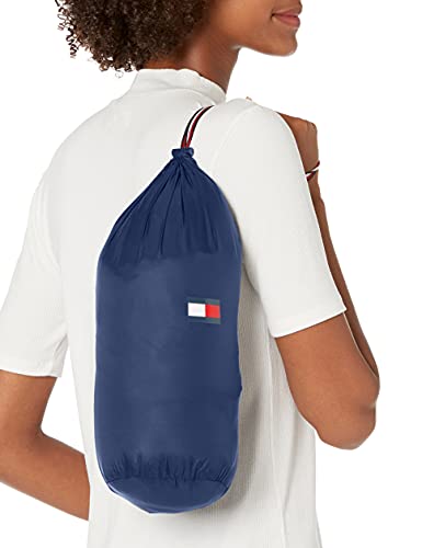 Tommy Hilfiger Women's Mid-Length Puffer Hooded Down Jacket With Drawstring Packing Bag, Navy, Medium #TOP2
