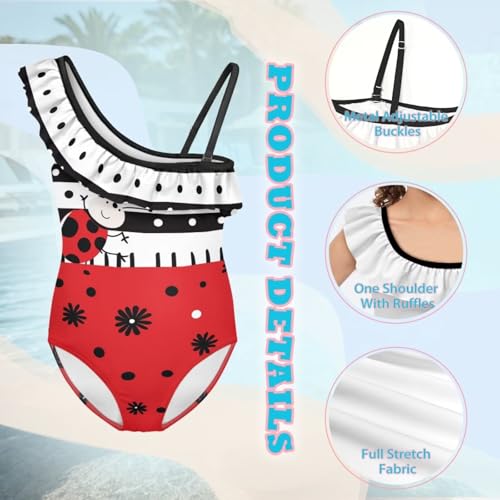 Image of Ladybug Swimsuits for Girls 5-14 One Piece Bathing Suit Kids One Ruffle Shoulder Beach Sport Swimwear