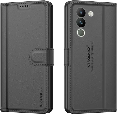 Image of KIVANO LUXE Compatible for Vivo Y200 5G Luxury Handmade Leather Magnetic Flip Folio Case | Card Holder & Kickstand | Slim Protective Cover | Unisex - Black