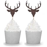 Set of 24 Brown Glitter Antler Cupcake Toppers Kid's Party Baby Shower Wedding Decorations