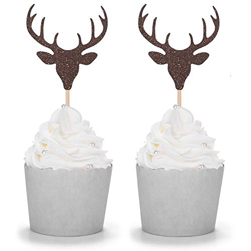 Set Of 24 Brown Glitter Antler Cupcake Toppers Kid's Party Baby Shower Wedding Decorations #TOP4