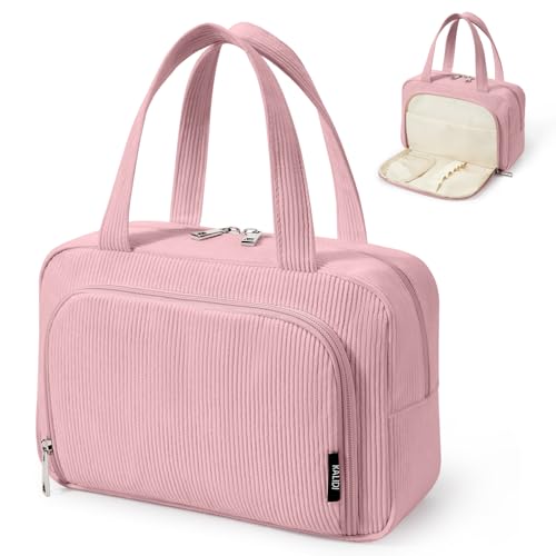 KALIDI Trousse de maquillage de grande capacité pour femme avec poignée en velours côtelé avec compartiments et emplacements pour pinceaux - Organiseur de cosmétiques portable - Essentiels de voyage