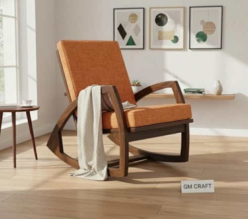 Image of Solid Sheesham Wood Rocking Chair for Living Room - Upholstered Relaxing Chair - Wooden Rocking Chair for Adults for Home Outdoor Indoor (Walnut, Avery)