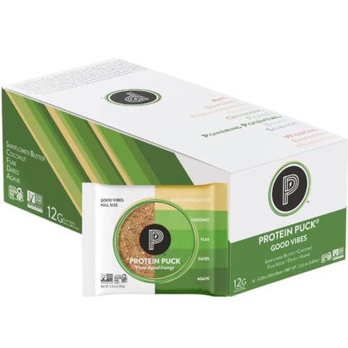 Protein Puck Plant Based Bars | Snacks with Vegan Protein | 16 Count | 3.25 oz Full Size | Gluten Free, Non Dairy, Kosher Certified Non GMO Premium Healthy Bars | Good Vibes