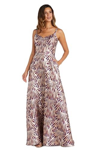 Nightway Women's Long Metallic Brocade Evening Gown W/Double Straps &