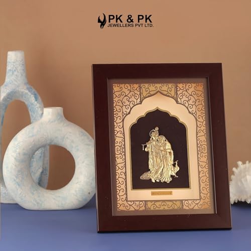 Image of Pk & Pk Jewellers Lord Radha Krishna with Peacock | 24KT Gold Frame | Temple Collection | Medium Size [25x32 cm] (For Premium Gift, Temple, Table Decor, Home Decoration)