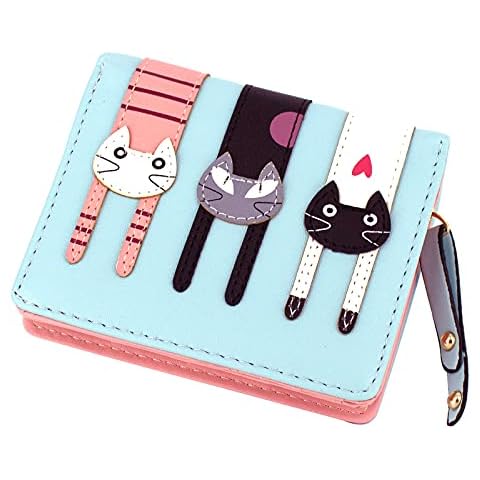 Valentoria® Birthday Gifts for Women's Mini Faux Leather Bifold 3 Cat Design Clutch Wallet (Teal Blue) Cover