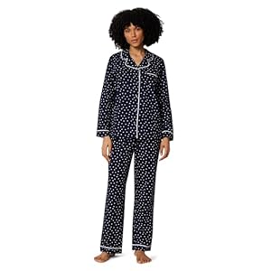 Amazon Essentials Damen Pyjama-Set aus Baumwoll-Stretch-Popeline, langärmeliges Hemd mit Knopfleiste und Hose, Marineblau, Elfenbeinfarben, Gepunkt, L