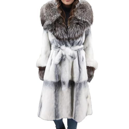 LVCOMEFF Women Genuine Rabbit Fur Long Coat Jacket with Silver Fox