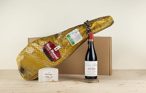 EUROLOTES Pack Gourmet con Paleta de Cebo Ibérica 4.5-5 kg, Vino Tinto Rioja Reserva y Queso Artesano 450g