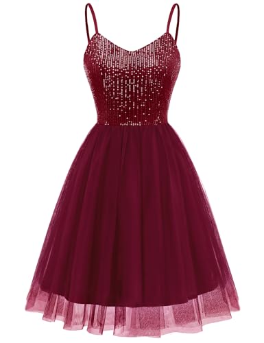 Dressystar Women's Sequin Prom Backless Mini Homecoming Dresses Burgundy S