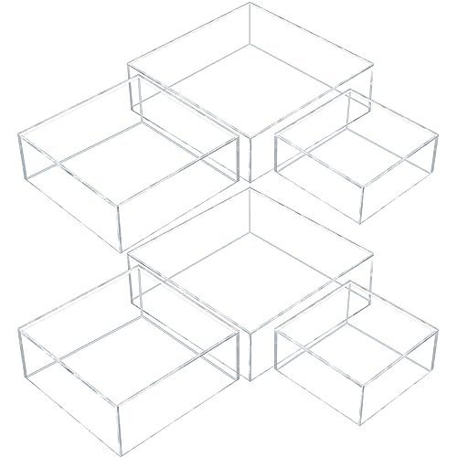 Sintuff 6 Pcs Acrylic Box Nesting Display Box Risers for Display 5 Sided Clear Stand Transparent Cases with Hollow Bottoms for Cake Table Food Dessert Collectibles