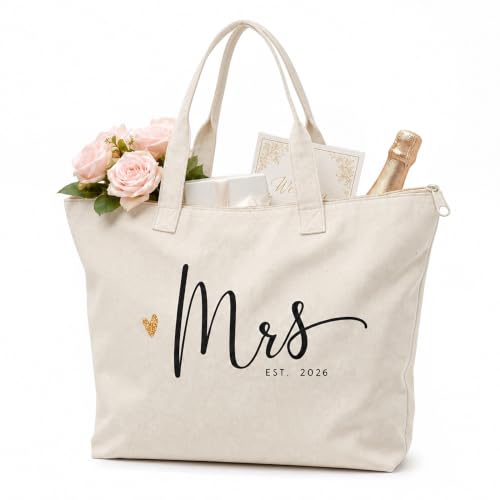 CARAKNOTS Bridal Shower Gifts, Mrs Tote Bag for Bride 2026, Cotton, Zipper | Large Bridal Bag with Top Zipper & Pocket, Wedding Essentials, Future Mrs Gift, Bachelorette, Getting Ready, Honeymoon Beach - image 1