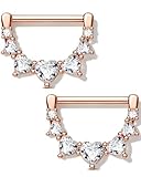 Melighting 2pcs Nipple Ring Surgial Steel 316L Piercing Jewelry Shiny Heart Clear CZ Nipple Bars 14mm Rose Gold