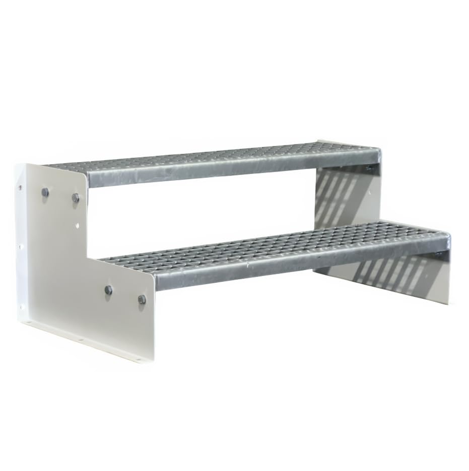 SRM Design 2 Stufen Standtreppe Stahltreppe Wangentreppe Gitterrosttreppe Außentreppe Industrietreppe Modell 2 weiß 18 cm Stufenhöhe, 60 cm Breite, 36 cm Höhe ohne Geländer