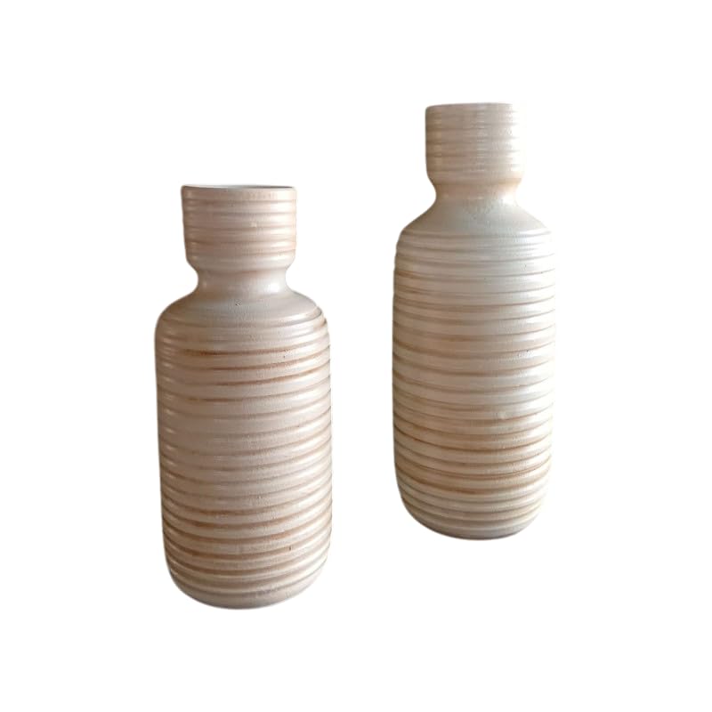 Jarrones de Cerámica Artesanal, Forma Botella, Beige Natural, 40cm y 35cm, Set de 2, Diseño Acanalado, Estilo Contemporáneo, Decoración del Hogar