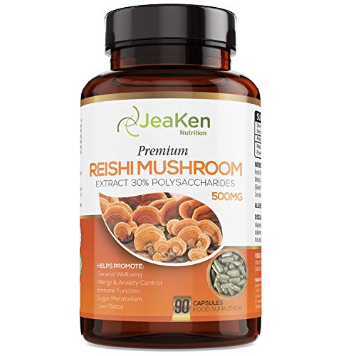 CHAMPIGNON REISHI GANODERMA LUCIDUM de JeaKen - 90 Capsules Haute Résistance d'Extrait de Reishi en Poudre à 30% de Polysaccharides - Renforce le Système Immunitaire - Sans Gluten - Sans Allergène