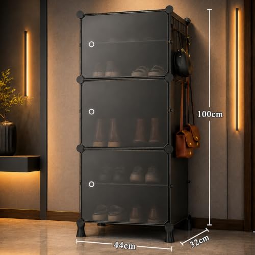 Image of AYSIS Premium Foldable Plastic Shoe Rack for Home, ๐ ๐๐จ๐จ๐ซ ๐ ๐๐ก๐๐ฅ๐, Magnets, 5 Hook Steel Holder, Shoe Organizer, Portable Space Saving Storage for Entryway, Bedroom & Living Room, Black