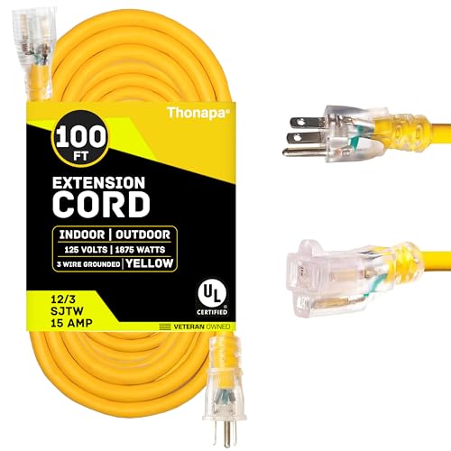 Thonapa 100 Foot Outdoor Extension Cord - 12/3 Heavy Duty Yellow Extension Cable with 3 Prong Grounded Plug for Safety - Great for Garden and Major Appliances