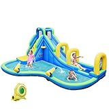 DREAMADE Aufblasbare Hüpfburg mit Gebläse, Wasserpark mit 2 Rutsche & Planschbecken & Wasserpistolen & Kletterwand, Wasserspielcenter Outdoor, Wasserrutsche für Kinder 4 -12 Jahre, 478x366x242cm