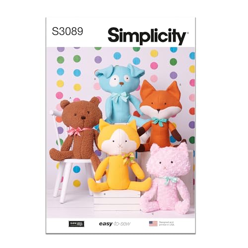 Simplicity SS3089OS Plush Kitty, Puppy, Fox, and Bear Pets Sewing Pattern Packet by Elaine Heigl Designs, Design Code S3089, 15" Tall