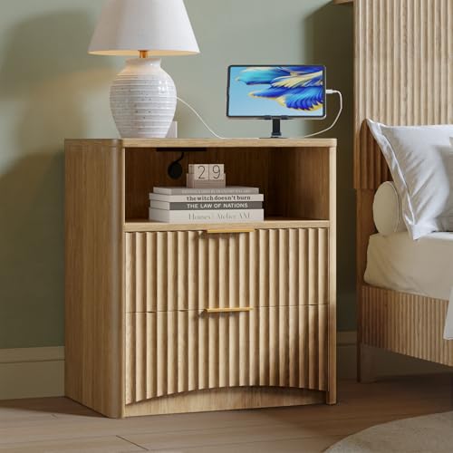 Image of Evermagin Fluted Nightstand Set of 2 with Charging Station, Natural Oak Bedside Table with 2 Drawers, Wood End Table with Storage Mid Century Modern, Large Night Stand for Bedroom