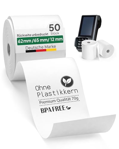 coreless - 50 Thermorollen 62mm x 65mm x 12mm ohne Plastikkern - Rolle aus Thermopapier