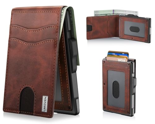 Image of umoven Wallet for Men - Pop Up Case, Cash Slot, and Credit Card Slot - Slim Aluminum Wallet with RFID Blocking, Minimalist Leather Wallet Front Pocket with ID Window (Reddish brown)