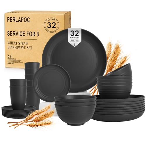 Image of Wheat Straw Dinnerware Sets for 8, 32 PCS Unbreakable Plates and Bowls Sets, Reusable Dinnerware Set for Kitchen Outdoor and Apartment Dinning Essentials - Black