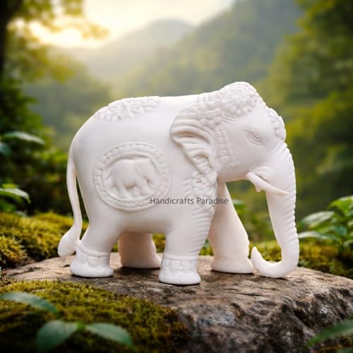 Image of Handicrafts Paradise 2.75 Inch White Marble Elephant Showpiece Hand-Made Elephant Figurine Design Vastu Decor Statue for Home Office Table Showpiece and Gift Item