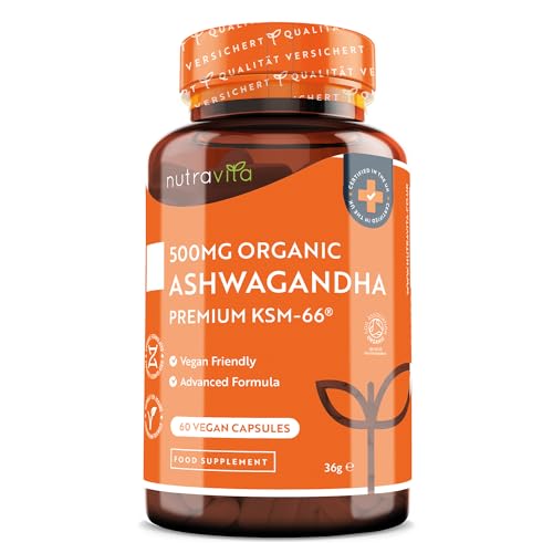 Nutravita Bio Ashwagandha KSM-66® – 60 Ashwagandha Kapseln hochdosiert - 500 mg pro Kapsel – KSM66 Withanolide - Reines Ashwaganda Extrakt ohne Zusätze - Bio Schlafbeere Wurzel Pulver – Vegan