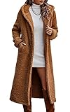 ASOMI Herbst-Winterjacke Damen Lang Warm Fleecejacke Langarm Herbst Wintermantel Kapuzenjacke mit Taschen Gold Kamel X-Large