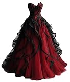 TRHTX Tulle Burgundy Wedding Dresses for Bride Lace Applique Bridal Gowns Tiered Appliques Gothic Wedding Gowns for Women Size 8