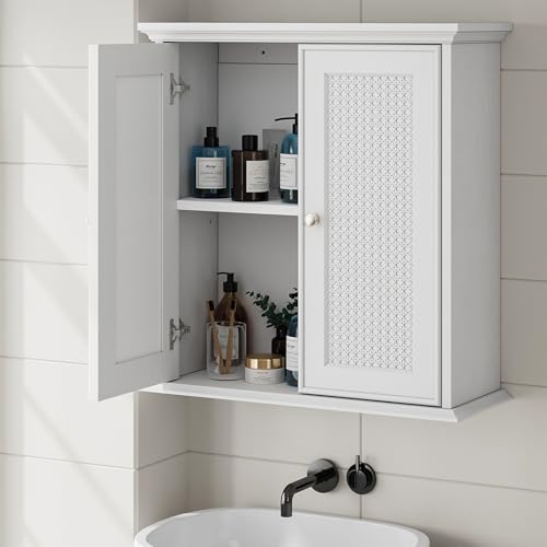 Morwdxef White Rattan Bathroom Wall Cabinet, Bathroom Medicine Cabinet with 2 Doors and Adjustable Shelves, Wall Mounted Storage Cabinet, Floating Space Saver Over Toilet