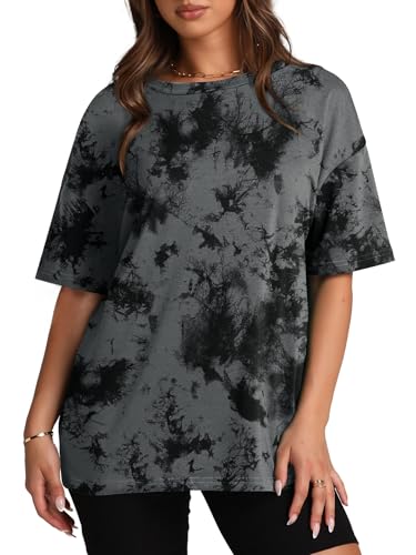 Aokosor Summer Tops for Women UK Oversized T Shirts for Women Crewneck Short Sleeve Basic Loose Fit Ladies Tops Plus Size XL Grey Tie Dye