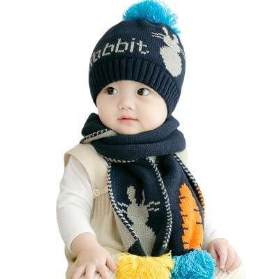 Krystle Baby Girls Boys Cute Hats and Scarf Set, Knit Warm Hat Beanie Cap  Muffler (Blue)-(1-3Years)