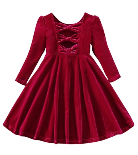 Happy Cherry Girls Velvet Dress Crew Neck Bow Back Long Sleeve Princess Christmas Birthday Party Wedding Dresses
