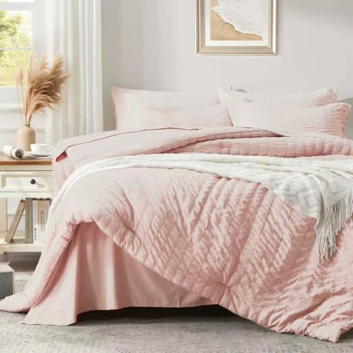 Image of Zzlpp Queen Comforter Set 7 Pieces, Pink Seersucker Bed in a Bag with Comforter and Sheets, All Season Bedding Sets with 1 Comforter, 2 Pillow Shams, 2 Pillowcases, 1 Flat Sheet