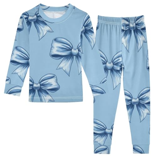 Pajama Sets Long Sleeve Blue Ribbon Bow Pattern Soft Comfy Sleepwear 2 Piece PJS 3-8T